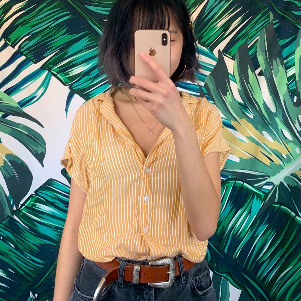 Striped Yellow Short Sleeve Collared Shirt